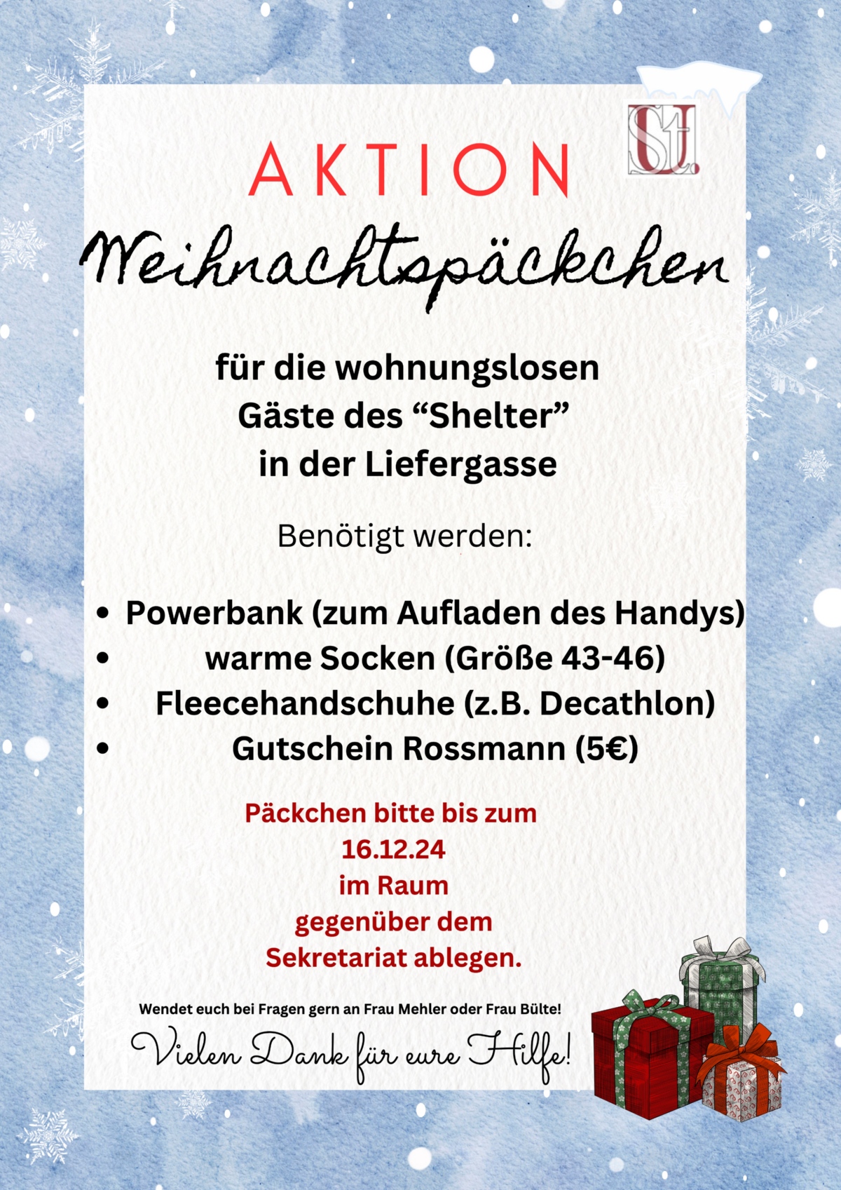 Plakat zur Weihnachtspäkchen-Aktion